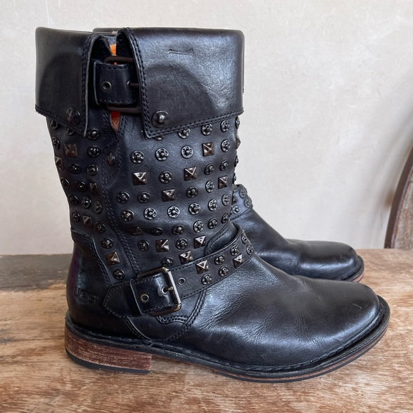 UGG Black Leather Studded Mid-Calf Boots Shearling Lined Innersole Woman's 7.5 - Picture 2 of 14